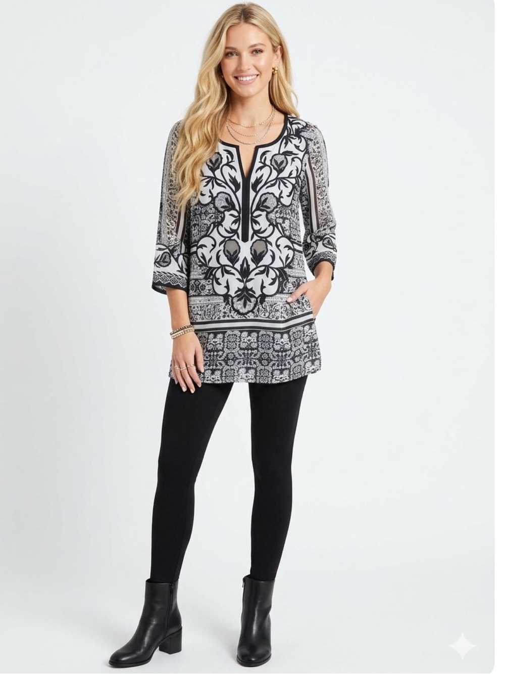 Gretchen Scott Designs embroidered tunic intricate chiffon overlay Tunic XS-S